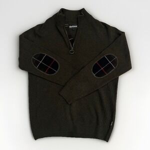 Barbour Holden Quarter Zip Wool Green Sweater Tartan Plaid Elbow Patches Men's L
